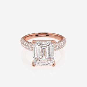 18K Gold <b>Ring</b> with Emerald Cut Moissanite Diamond Three Layer Pave Unique and Elegant - Product Image 6