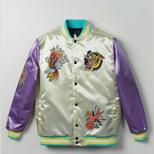 Custom Embroidery <b>Patchwork</b> Men's Vintage Winter Satin Varsity <b>Jacket</b> Waterproof Casual Reversible Breathable Eco-Friendly - Product Image 3
