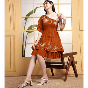 DEEBACO Women's Rayon Knee Length One Shoulder Asymmetric Tiered Embroidered Stylish One Piece <b>Dress</b> - Product Image 1