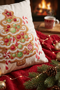 Funda de Almohada Navideña Personalizable de Terciopelo Crema Vintage con Diseño Bordado de Árbol de Jengibre, Cierre de Cremallera, Extraíble - Product Image 3
