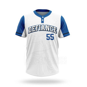 Maillot de baseball unisexe personnalisé blanc et bleu à manches courtes, anti-humidité, imprimé DEFIANCE, nom de l'équipe, 100 % polyester, coupe classique - Product Image 1