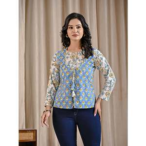 เสื้อผู้หญิงผ้าฝ้ายสีน้ำเงินพิมพ์ลายบล็อกด้วยมือ ทรงเอซิมเมตริก ระบายอากาศได้ดี ผ้าป๊อปลิน ปักลายดอกไม้ ไซส์ XS-XL เหมาะสำหรับใส่ทำงาน - Product Image 3