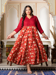 Vestido Anarkali de Rayón Color Granate con Detalles Florales, Cuello Camisero, Mangas Tres Cuartos, Elegante para Uso Diario, Talla S, Conjunto Formal de 2 Piezas - Product Image 6