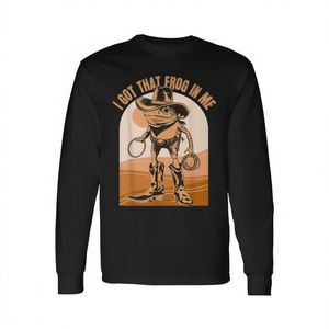 Camiseta Negra de Manga Larga con Diseño de Rana Vaquera 'I Got That Frog in Me' de Wild West Frogs Apparel, Talla Pequeña - Product Image 2