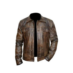 Chaquetas de Cuero Casuales para Hombre, Chaqueta de Cuero 100% Genuino, Chaqueta de Cuero Marrón Desgastado, Chaqueta de Moda de Invierno para Hombre, Servicio OEM - Product Image 2