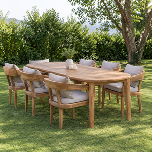 Ensemble de salle à manger de jardin en bois massif de qualité supérieure avec fauteuils rembourrés beiges pour villa, patio, complexe hôtelier et espaces de vie extérieurs - Product Image 4