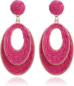 Pendientes de aro de rafia hechos a mano para mujer, joyería colgante Bohemia ligera, fiesta de moda, verano, Vacaciones en la playa, diseño de envoltura de paja de paz - Product Image 1