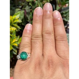<b>925</b> <b>Silver</b> Natural Malachite <b>Ring</b> Asscher Cut Gemstone Inlay <b>with</b> Eye Pattern Geometric Shape Claw Setting Gift Bezel Clasp - Product Image 4