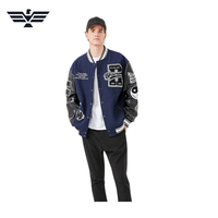 Blouson universitaire bleu marine pour homme avec manches en PU, patchs brodés, coupe-vent style urbain, doublure en laine chauffante, col montant, coupe classique