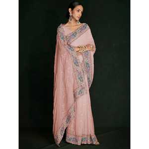 Magnifique ensemble de sari en georgette Lucknowi pour femme, avec chemisier, pour les occasions spéciales - Product Image 1