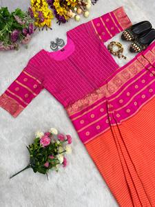 Sari de Seda Mysore Bicolor Naranja y Rosa, Largo hasta el Suelo, con Borde de Zari, Secado Rápido, Tradicional Indio, para Fiestas, para Mujer - Product Image 6