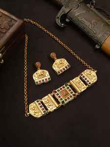 Conjunto de Collar y Pendientes de Moissanita de Lujo Indo-Occidental de Latón de Primera Calidad, Chapado en Oro, para Compromiso, Boda, Aniversario - Product Image 3