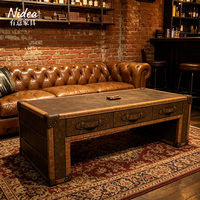 Table basse de luxe vintage en cuir avec 3 tiroirs, style campagne fait main pour bar à domicile et salon, coins et rivets en laiton