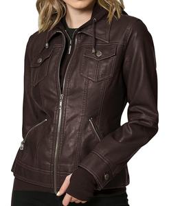 แจ็คเก็ตหนังแท้สไตล์วินเทจสำหรับผู้หญิง ลายเรียบ สีน้ำตาลอ่อนแบบอเมริกันฟอก ทรงเข้ารูป มีฮู้ด เหมาะสำหรับฤดูใบไม้ร่วงและฤดูหนาว - Product Image 2