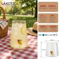 LAKOTTO Verre à eau en borosilicate fait main de 560 ml avec motif citron, conçu pour le service hôtelier, verrerie en gros, logo personnalisé