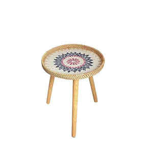 Plateau d'impression de flore en rotin avec pieds en bois détachables table basse ronde avec plateau de service du Vietnam - Product Image 5