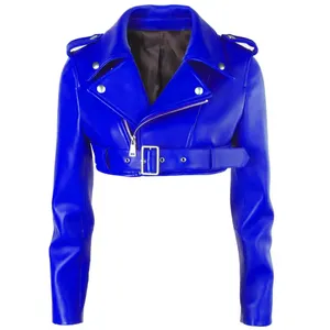 Veste en cuir de motard élégante bleue pour femme Longueur courte Design court Fermeture à glissière asymétrique Élégant pour l'automne Respirant - Product Image 1
