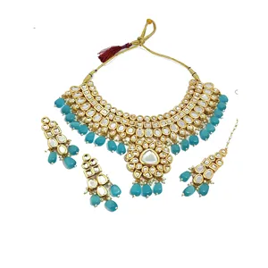 Royal kundan ชุดสร้อยคอเจ้าสาวสีฟ้าอ่อนประดับเพทายชุบทองเครื่องประดับที่ดีสำหรับงานแต่งงานเป็นของขวัญ - Product Image 5