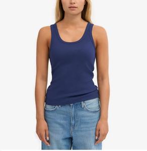 เสื้อกล้ามผ้าฝ้าย100% ถักลายลำลองสำหรับผู้หญิงเสื้อกล้ามโลโก้ตามสั่งสีฟ้าทะเลสีทึบ - Product Image 2