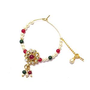 Anneau de nez traditionnel indien en or plaqué avec pierres roses et perle suspendue pour femmes - Product Image 2