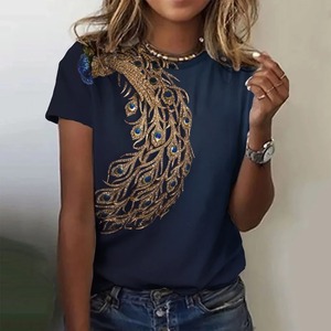 Imprimé à manches courtes t-shirt femmes haut vêtements pour femmes vêtements décontractés blouse paon accrocheur - Product Image 6