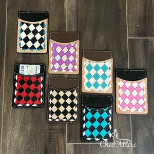 Nueva llegada 2025, tarjetero de cuero mecanizado a mano de diseñador personalizado con patrón a cuadros blanco y morado, Mini billetera de estilo occidental - Product Image 1