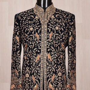 2024 Elegant Wedding Silk Sherwani <b>Pant</b> Dazzling Hand Embroidery Heavy Crystal Glass Beads Dabka Work Groom Black-Sherwani <b>Pant</b> - Product Image 1