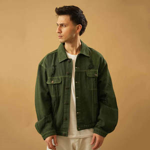 Precio ajustable Verde Desgastado Verde Hombres Chaquetas de mezclilla de cuero Fabricación profesional Chaqueta de cuero de la mejor calidad para hombre - Product Image 3