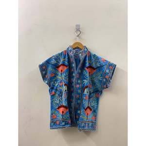 Indigo Garden Reversible <b>Quilted</b> <b>Jacket</b> for Ladies Cornflower Blue Suzani Embroidered Velvet Floral <b>Pattern</b> XL Size for Spring - Product Image 2