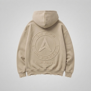 Sudadera con Capucha de Felpa Lavada Beige Personalizada para Hombre, Estilo Oversize, Streetwear, con Logotipo Grabado, Premium - Product Image 2