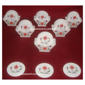 Best Quality and Beautiful Design <b>White</b> Marble With Fine Finishing and Smooth Polished Round Shape Inlay Kitchen <b>Coaster</b> Set - Product Image 1