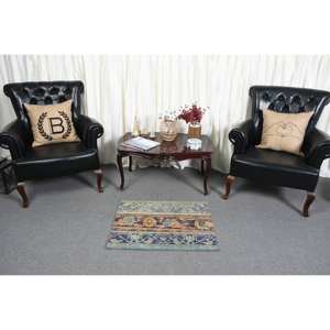 Alfombra de lana turca vintage de 2x2,7 pies, tejido plano de gran tamaño, respaldo de látex, diseño de retazos azul naranja para decoraciones de sala de estar - Product Image 3