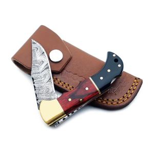 MORTAL SAGA Couteau pliant de camping en acier damas fait à la main de haute qualité avec serrure arrière en bois Pakka rouge et noir - Product Image 3