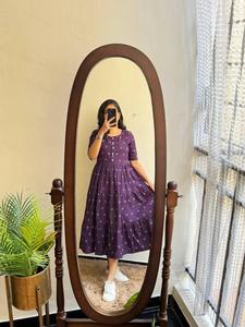 Vestido Midi de algodón de lujo de primera calidad, silueta acampanada con estampado clásico púrpura bohemio Chic para ropa festiva informal, ropa de diseñador de moda - Product Image 2