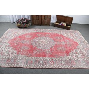 6.3x9.7 ft Vintage Large Rug, <b>Red</b> Blue Turkish Solid <b>Wool</b> Rug - Product Image 3