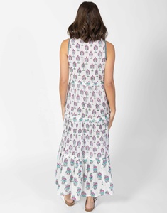 Hermoso Vestido Maxi de Algodón con Cuello en V y Corte en A, Diseño Floral Estampado a Mano, Adorno de Ganchillo con Hilo Lurex, Volantes y Cierre de Botones - Product Image 2