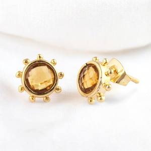 Pendientes de tachuelas de moda de piedras preciosas de citrino amarillo redondo de 8 MM-Pendientes de tendencia de plata 925-Joyería al por mayor - Product Image 1