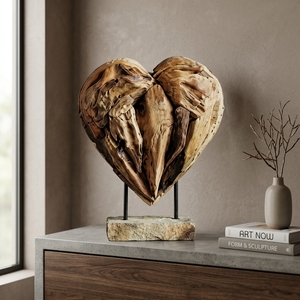 Velove Stand Handcrafted <b>Wooden</b> Heart Sculpture <b>Rustic</b> Romantic Tabletop Decorative Artwork Metal Stand Home Decor Display - Product Image 3