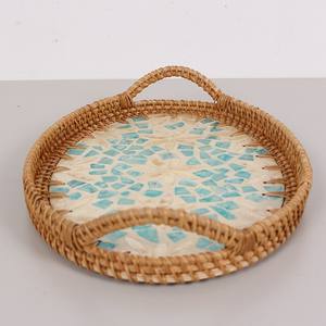 Bandeja de Servicio Ovalada de Nácar Sostenible con Ratán, Diseño de Mosaico Azul, Proveedor Mayorista para Mesa de Comedor de Cocina - Product Image 5