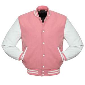 Veste universitaire en laine de couleur rose Manches en cuir véritable Veste de baseball de collège pour hommes - Product Image 2