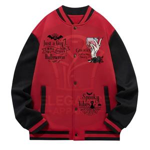 Chaqueta Universitaria de Béisbol para Hombre, Estilo Gótico, con Estampado de Murciélagos y Calabazas, Cierre de Broches, Color Rojo y Negro - Product Image 1