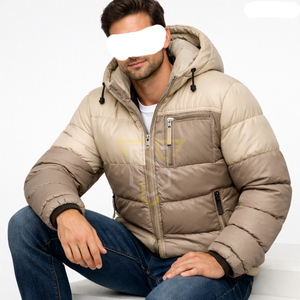 Veste matelassée à capuche beige pour homme, coupe-vent, vêtements décontractés d'hiver, fermeture éclair, rembourrage en fibre de polyester épaisse, coupe régulière - Product Image 4