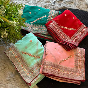 Hermoso Sari Georgette tradicional con hilo de viscosa Trabajo hecho a mano Diseñador de bordes Ropa de fiesta Sari Hecho de Bodas de seda - Product Image 1