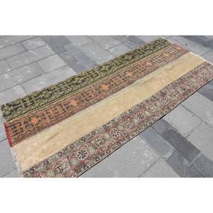 Tapis en laine turque vintage de 3.3x7.8 pieds, beige, vert, patchwork, technique de tissage à plat pour décoration de salon, largeur 4m, latex - Product Image 4