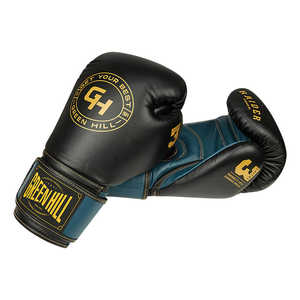 Gants de boxe RAIDER en cuir noir/bleu pour le sparring thaïlandais et le MMA, disponibles en tailles 10oz, 12oz, 14oz, 16oz - Product Image 1