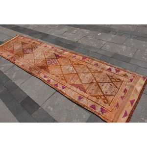2.8x11.2 ft Vintage Turkish Rug, Runner Rug, <b>Brown</b> Pink Striped <b>Wool</b> Rug - Product Image 4