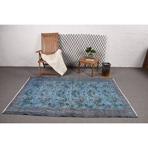 Alfombra de lana turca Vintage de 4x7 pies, alfombra de área de retazos azul y negra, respaldo de látex, tejido plano para decoraciones para sala de estar, uso en pasillo - Product Image 3