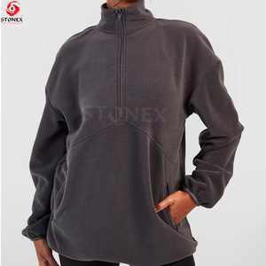 Sudadera de lana Polar de gran tamaño de alta calidad con media cremallera para mujer, sudaderas con capucha de poliéster liso cálido para invierno con cuello levantado - Product Image 5