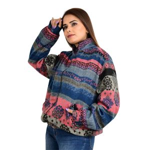 เสื้อคลุมซิปผ้าขนสัตว์ผสมขนจามรีแบบกิโมโน สวมใส่สบายและอบอุ่นสำหรับฤดูใบไม้ร่วง-ฤดูหนาว ลายกราฟิกแอซเท็กน่ารัก - Product Image 4