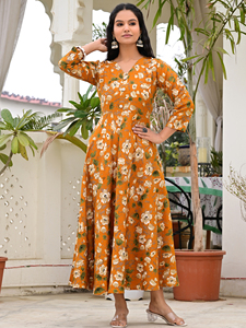 Robe mi-mollet décontractée pour femme, en coton 100 %, à imprimé floral orange, col en V, manches trois quarts, coupe trapèze - Product Image 3